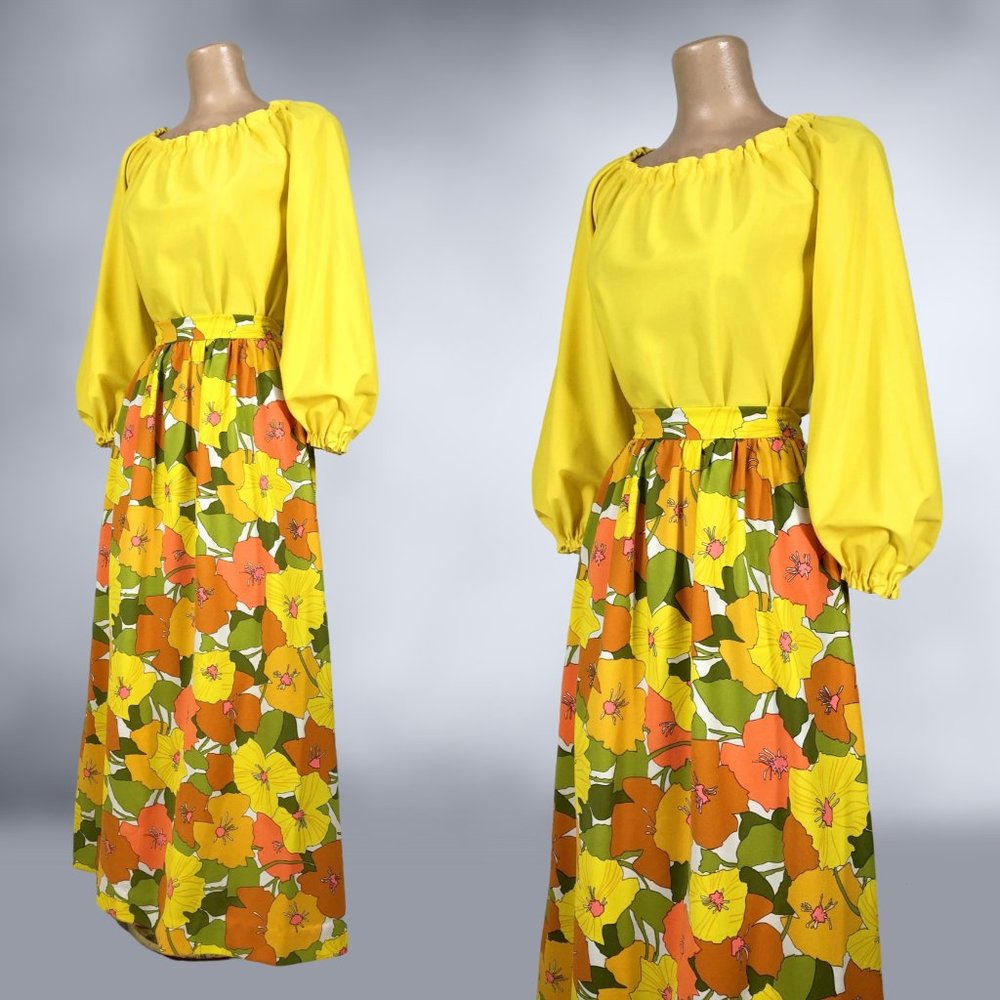 VINTAGE 70s Flower Power Maxi Skirt and Balloon Sleeve Blouse Set Handmade - Picture 4 of 9